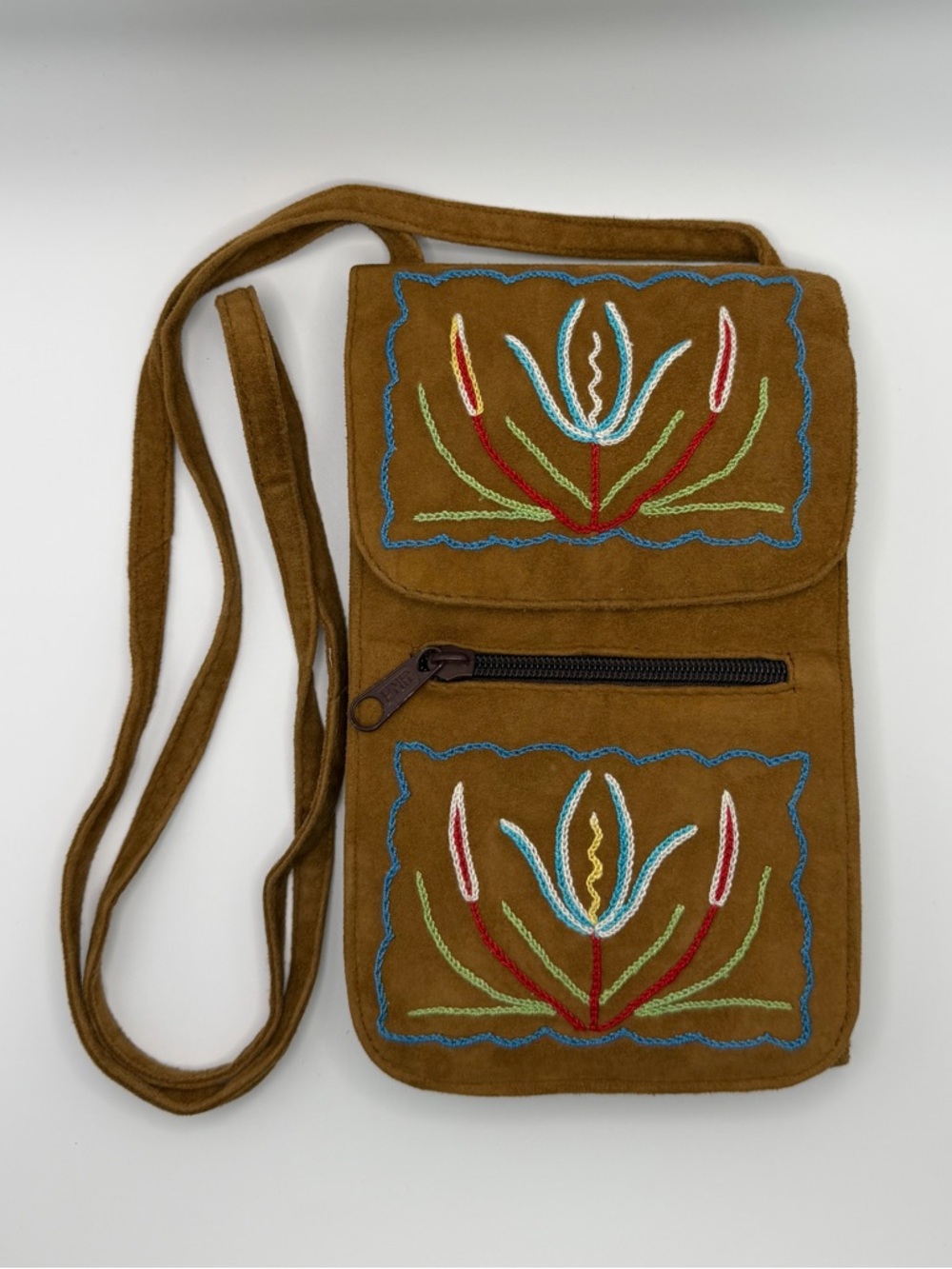 Genuine Suede Embroidered Crossbody Passport Travel Organizer Bag
